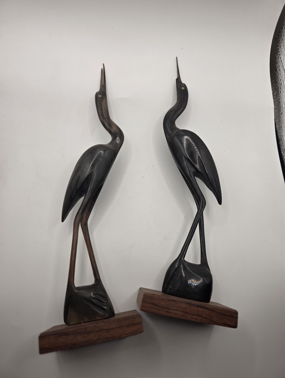 Vintage Hand Carved Wood and Horn Heron Crane Sculptures in Dark Patina (Pair) - Picture 6 of 6